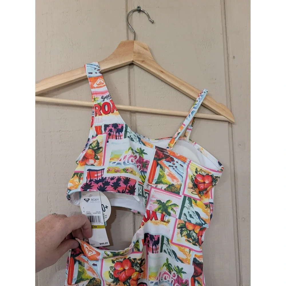 Roxy Girls Tropical‎ Postcard Cutout One Piece Swimsuit One Shoulder Size 14 NWT